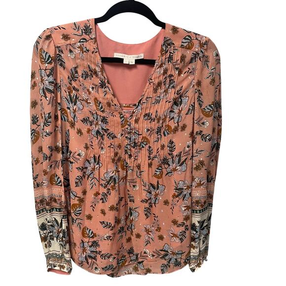 Veronica Beard Lowell Floral Print Silk Blouse Pink Pintuck Metallic Womens 6 - Picture 2 of 7